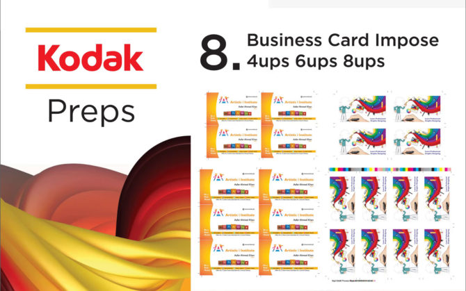 Business card imposition layout showing 4ups, 6ups, and 8ups arrangements on a printing sheet